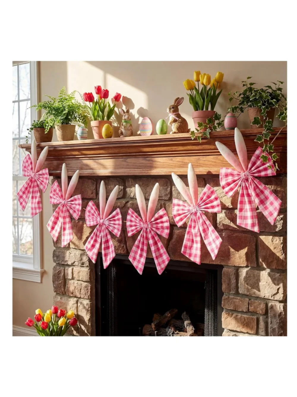 NEW 8.2ft Easter Bunny Pink Bow Garland Decorations Rabbit Ears Bow Plaid Velvet